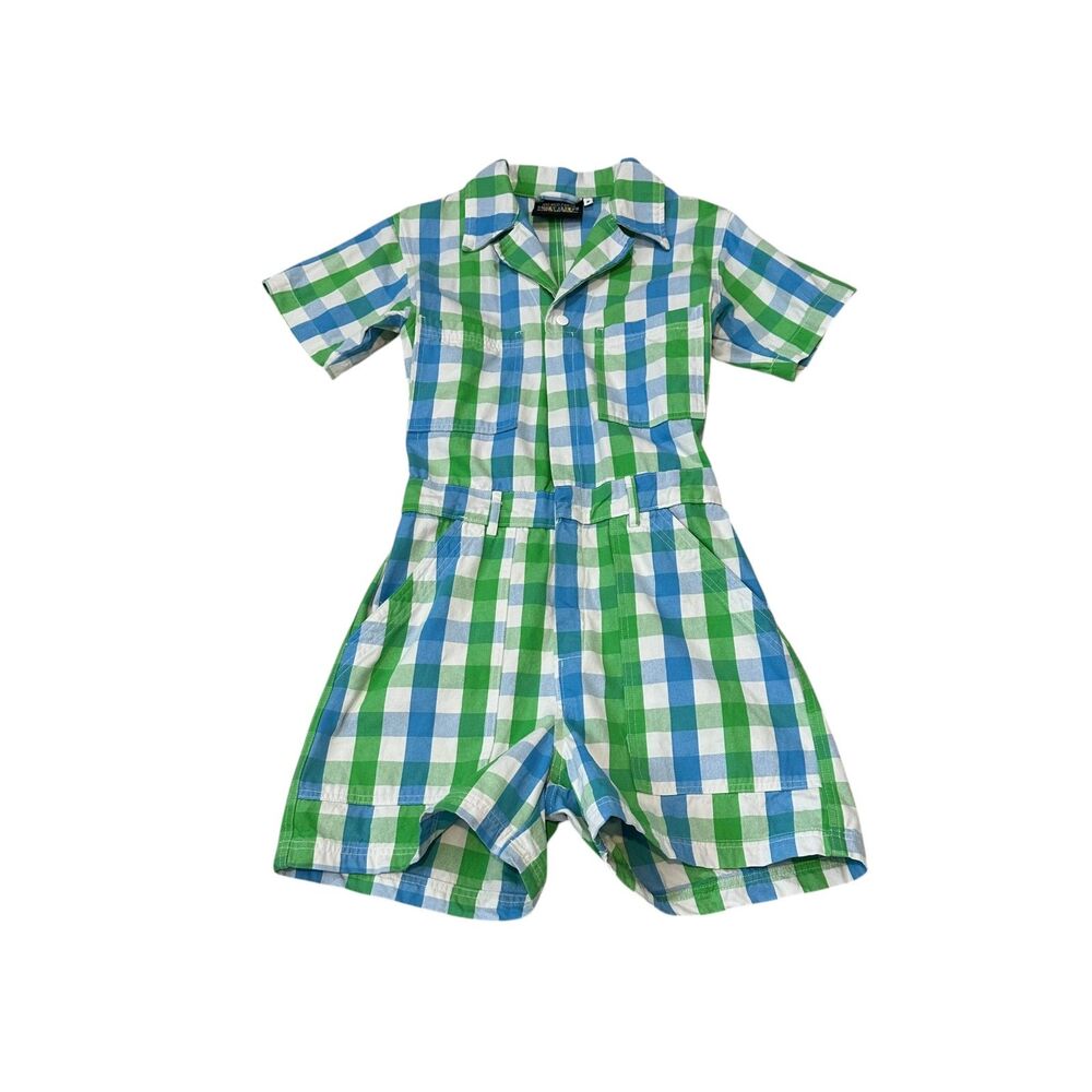 Big Bud Press Short Sleeve Jumpsuit Romper in Green and Blue Gingham Size S